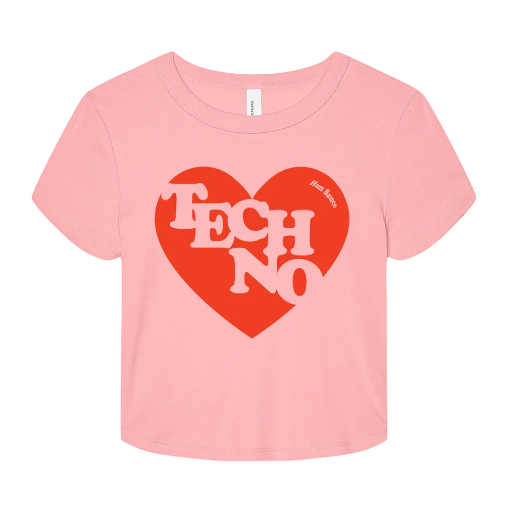 TECHNO HEART Baby Crop Top in Pink and red, By Hun Sauce. For DJs Cotton. Techno fans merch