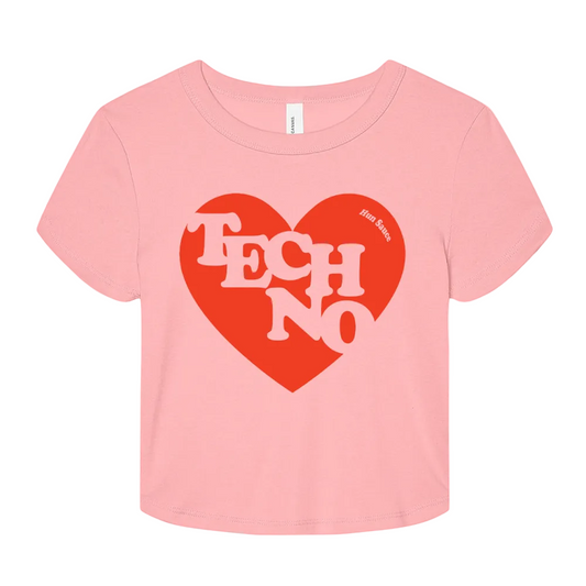 TECHNO HEART Baby Crop Top in Pink and red, By Hun Sauce. For DJs Cotton. Techno fans merch