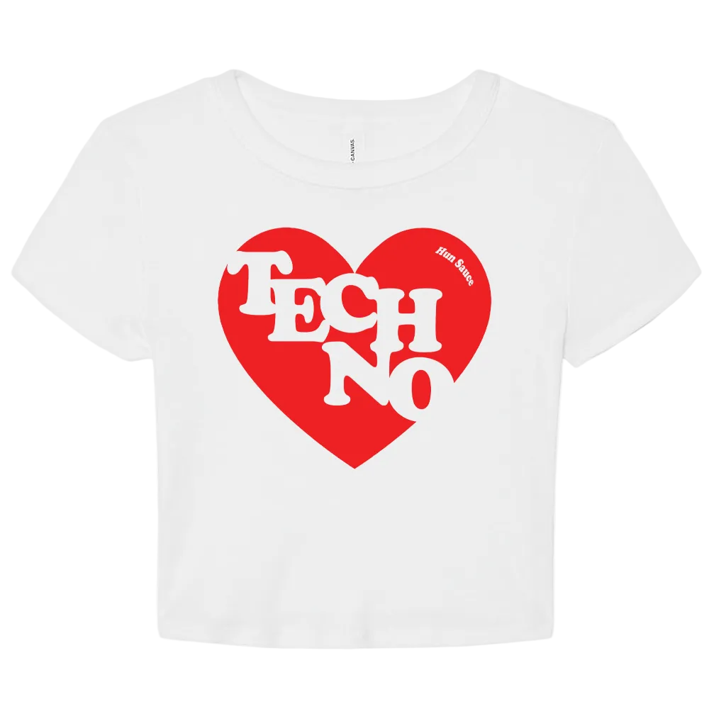 TECHNO HEART Baby Crop Top in White and red, By Hun Sauce. For DJs Cotton. Techno fans merch