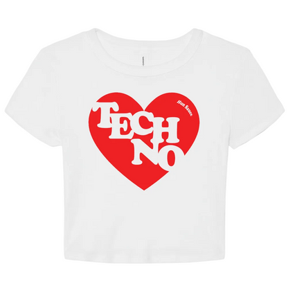 TECHNO HEART Baby Crop Top in White and red, By Hun Sauce. For DJs Cotton. Techno fans merch