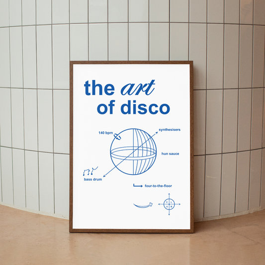 ART OF DISCO Art Print By Hun Sauce. Poster highlighting the anatomy of a disco. Featuring a bold graphic breakdown of the key components that built disco—basslines, bpm and chaos. Designed for the heads who know their four-on-the-floor from their funk section. Portrait poster art print, using 12 colour giclée process.