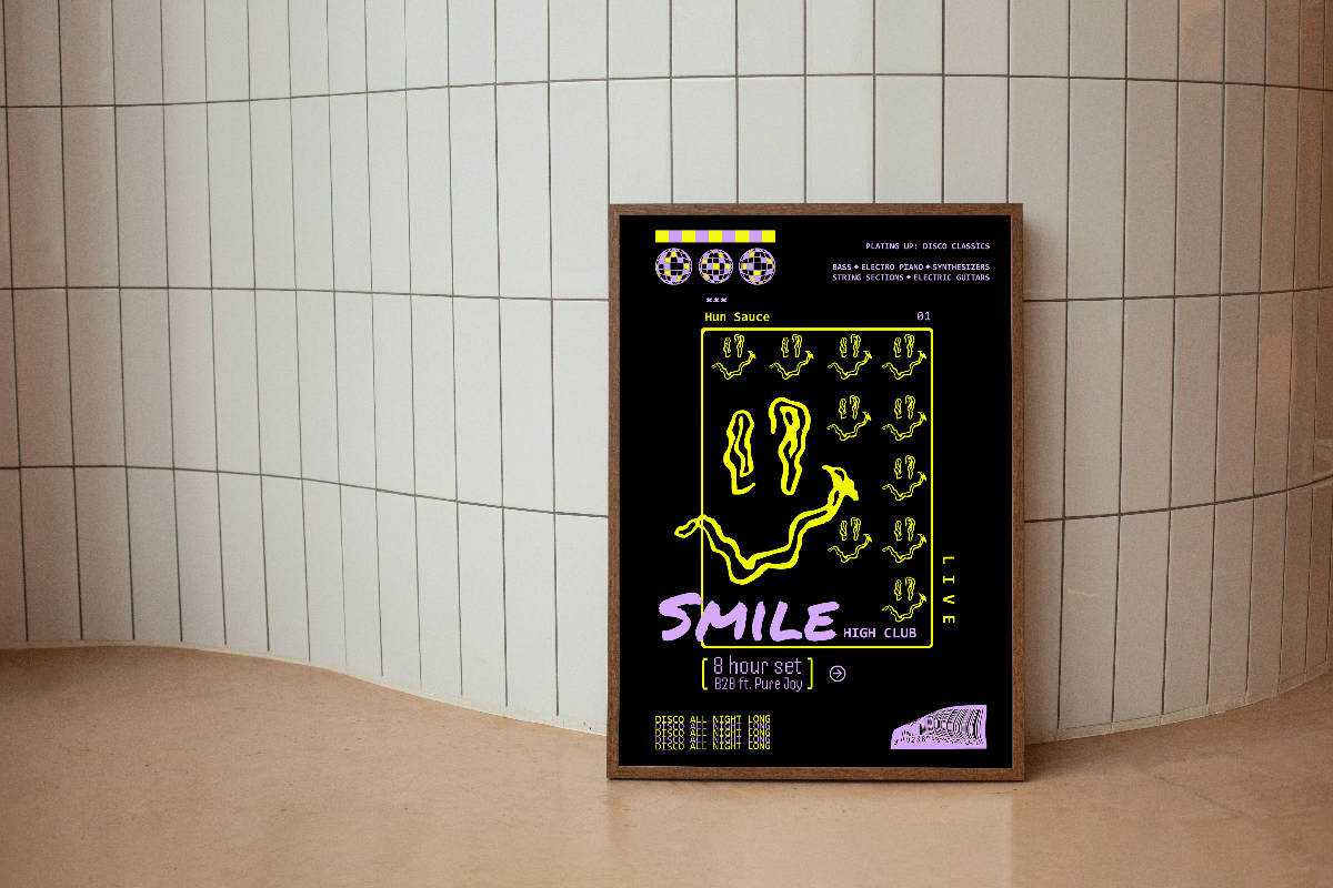 SMILE HIGH CLUB Black Art Print - Hun Sauce - Rave Poster for Home - Dancefloor Inspired Poster in black with neon