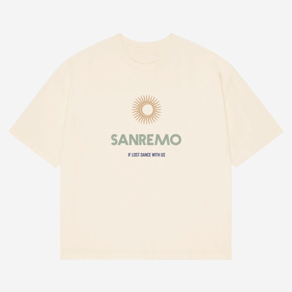 SANREMO Heavy Weight T-Shirt - Hun Sauce, Cream t-shirt. If lost dance with us t-shirt. San Remo Glastonbury. Sun and moon design. San Remo, Italy. 