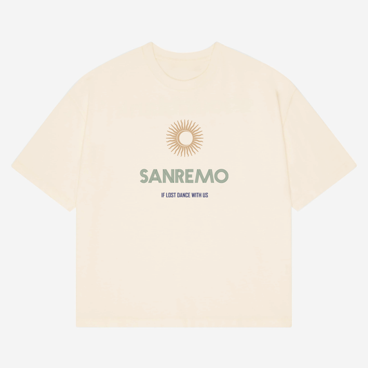 SANREMO Heavy Weight T-Shirt - Hun Sauce, Cream t-shirt. If lost dance with us t-shirt. San Remo Glastonbury. Sun and moon design. San Remo, Italy. 