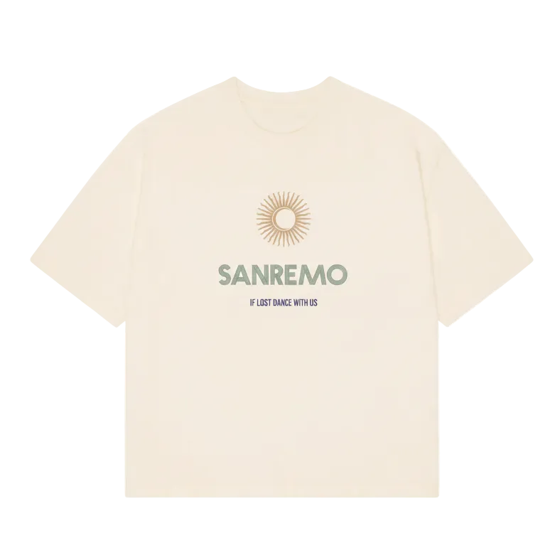 SANREMO Heavy Weight T-Shirt - Hun Sauce, Cream t-shirt. If lost dance with us t-shirt. San Remo Glastonbury. Sun and moon design. San Remo, Italy. 