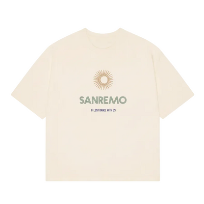 SANREMO Heavy Weight T-Shirt - Hun Sauce, Cream t-shirt. If lost dance with us t-shirt. San Remo Glastonbury. Sun and moon design. San Remo, Italy. 