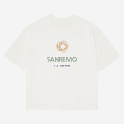 SANREMO Heavy Weight T-Shirt - Hun Sauce, Cream t-shirt. If lost dance with us t-shirt. San Remo Glastonbury. Sun and moon design. San Remo, Italy. 