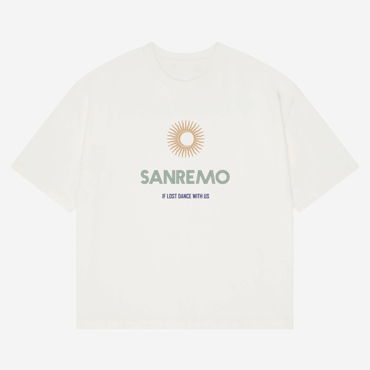 SANREMO Heavy Weight T-Shirt - Hun Sauce, Cream t-shirt. If lost dance with us t-shirt. San Remo Glastonbury. Sun and moon design. San Remo, Italy. 