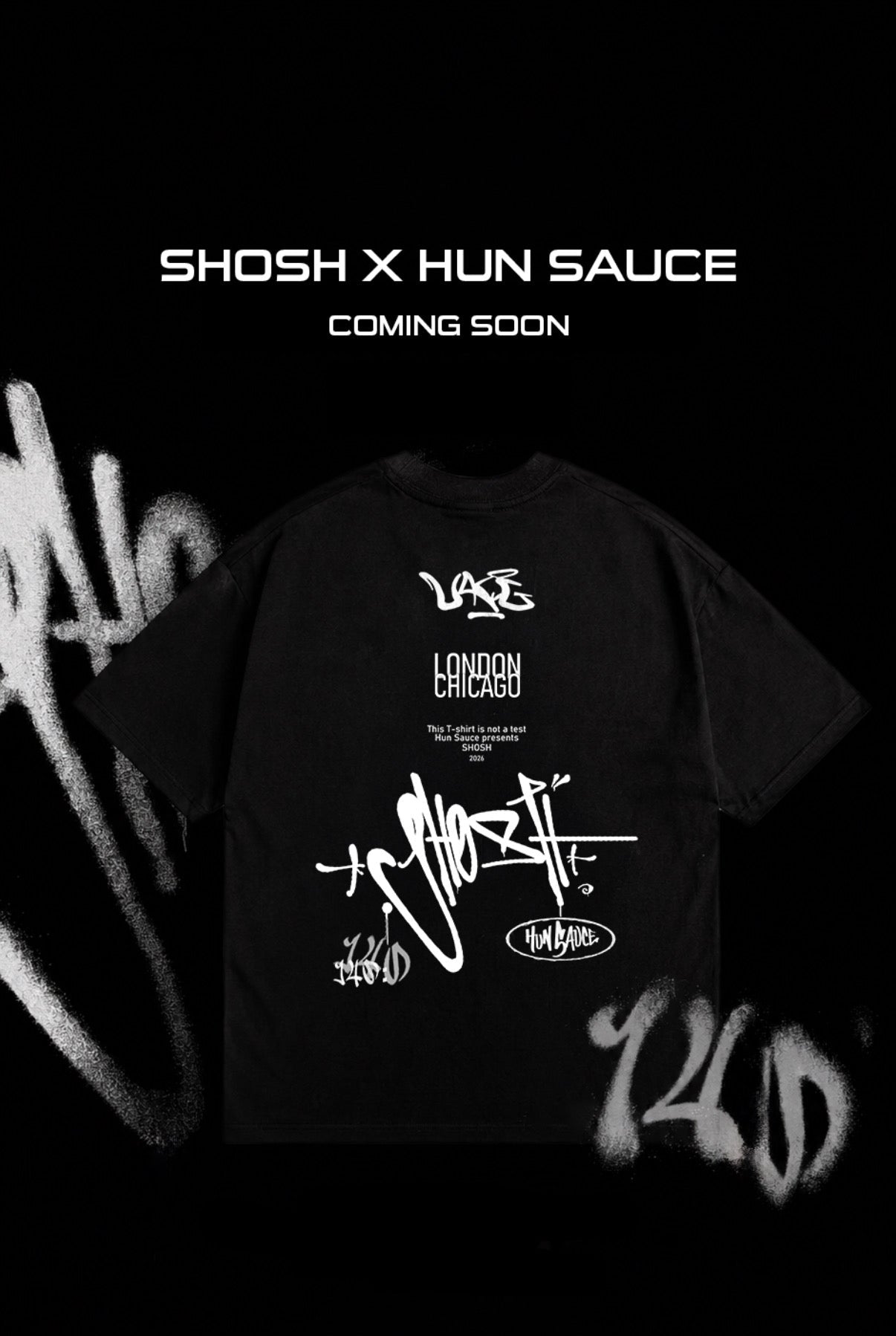 Hun Sauce collaborates with DJ SHOSH on a black heavyweight Graffiti T-Shirt, music merch. London, Chicago, 140. East London streetwear 