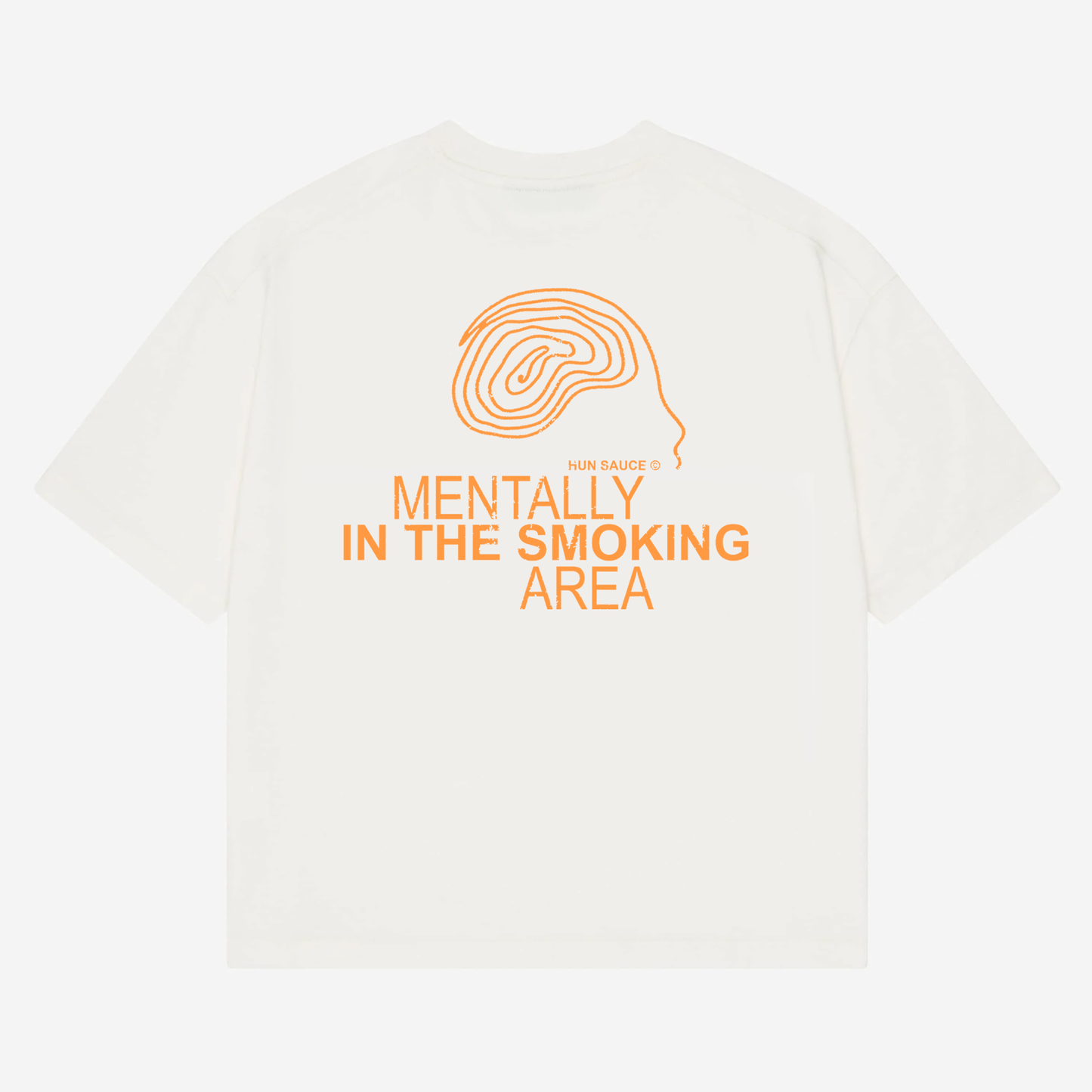 SMOKING AREA Heavyweight T-Shirt, A heavyweight white tee for the outside people making friends. Features bold orange graphics and a hand-drawn doodle head. Oversized fit, made for low lighting, loud music and deep chats.