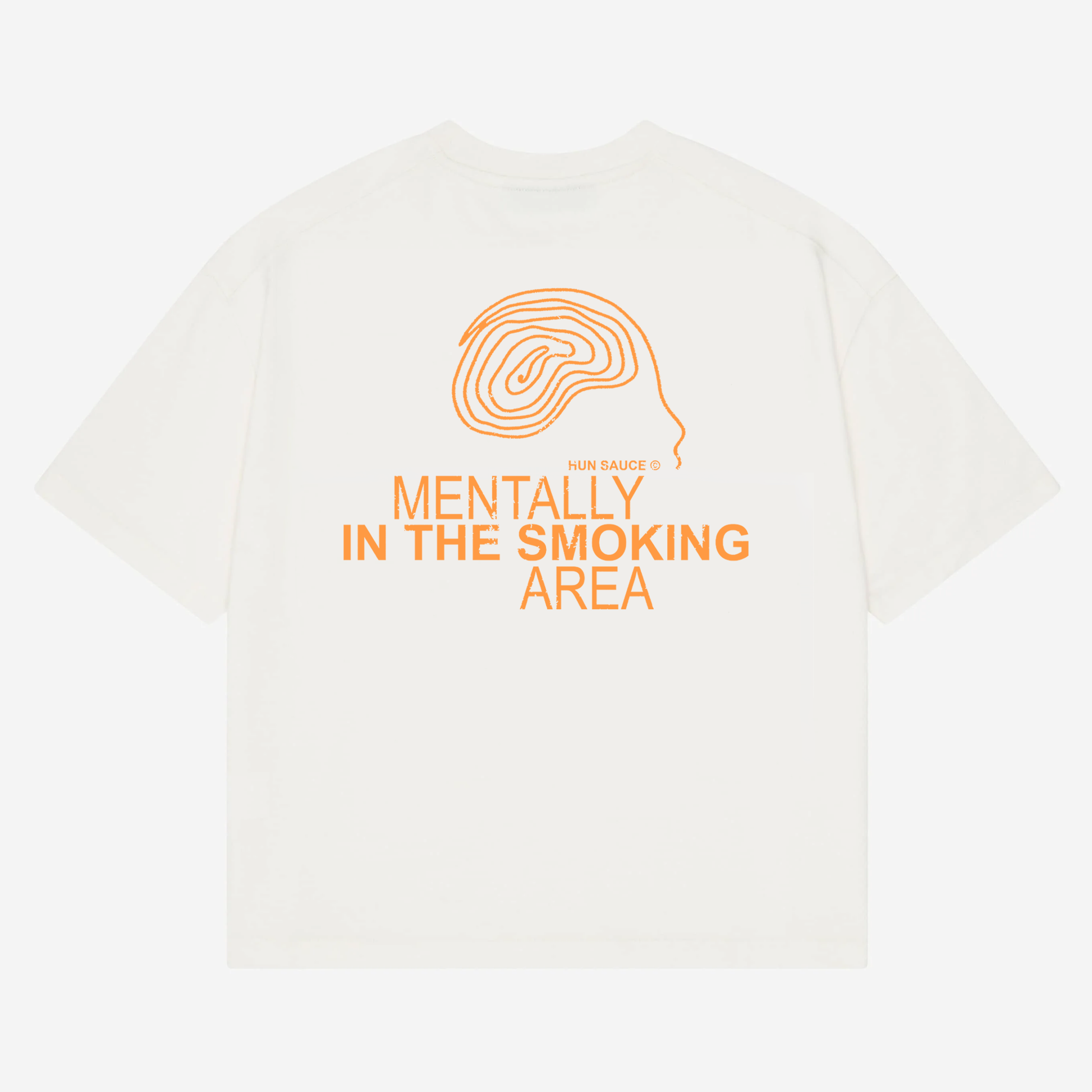 SMOKING AREA Heavyweight T-Shirt, A heavyweight white tee for the outside people making friends. Features bold orange graphics and a hand-drawn doodle head. Oversized fit, made for low lighting, loud music and deep chats.