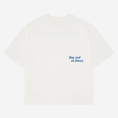 ART OF DISCO Heavyweight T-Shirt - A heavyweight white tee highlighting the anatomy of a disco. Featuring a bold graphic breakdown of the key components that built disco, basslines, bpm and chaos. Designed for the heads who know their four-on-the-floor from their funk section.