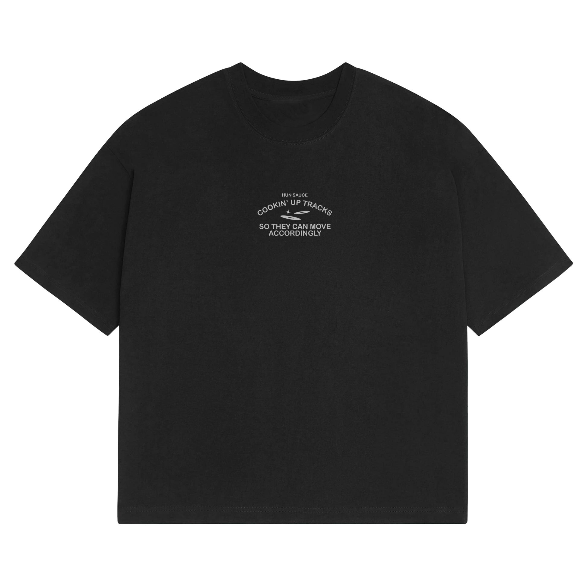 CHEF DE PARTY Heavyweight T-Shirt, Hun Sauce.  a heavyweight white T-shirt featuring fresh green graphics, complete with a vinyl-stacked kitchen scene and rave-ready setlist menu. This one's for DJs, selectors and chefs of course. 