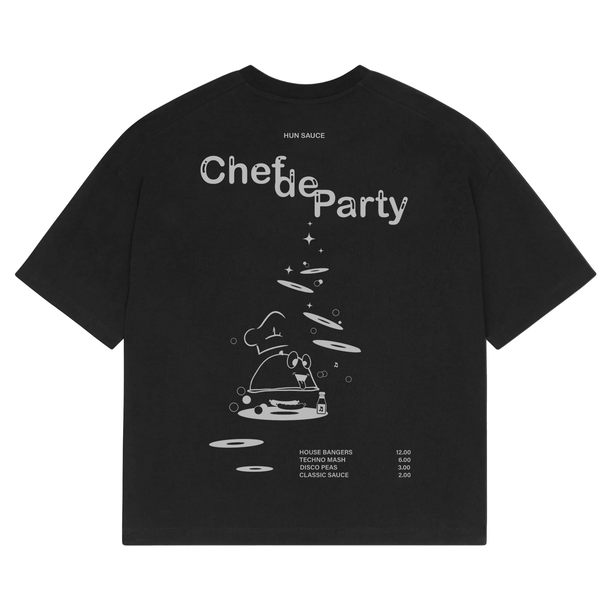 CHEF DE PARTY Heavyweight T-Shirt, Hun Sauce.  a heavyweight white T-shirt featuring fresh green graphics, complete with a vinyl-stacked kitchen scene and rave-ready setlist menu. This one's for DJs, selectors and chefs of course. 