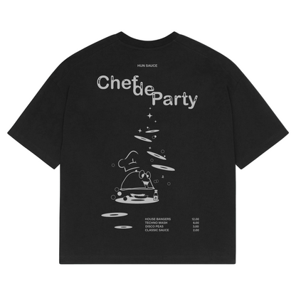 CHEF DE PARTY Heavyweight T-Shirt, Hun Sauce.  a heavyweight white T-shirt featuring fresh green graphics, complete with a vinyl-stacked kitchen scene and rave-ready setlist menu. This one's for DJs, selectors and chefs of course. 