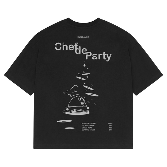 CHEF DE PARTY Heavyweight T-Shirt, Hun Sauce.  a heavyweight white T-shirt featuring fresh green graphics, complete with a vinyl-stacked kitchen scene and rave-ready setlist menu. This one's for DJs, selectors and chefs of course. 