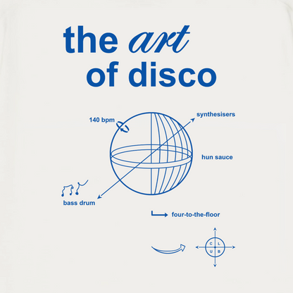 ART OF DISCO Heavyweight T-Shirt - A heavyweight white tee highlighting the anatomy of a disco. Featuring a bold graphic breakdown of the key components that built disco, basslines, bpm and chaos. Designed for the heads who know their four-on-the-floor from their funk section.