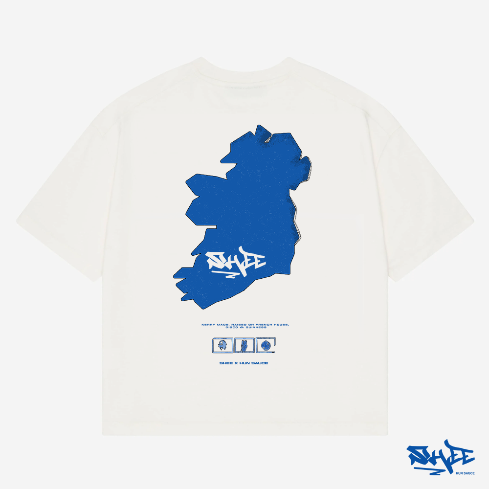 Funk Forever merch for Irish DJ SHEE. Heavyweight tee featuring Ireland, graffiti, Guinness, Daft Punk and a disco ball. By Illustrator Hun Sauce 