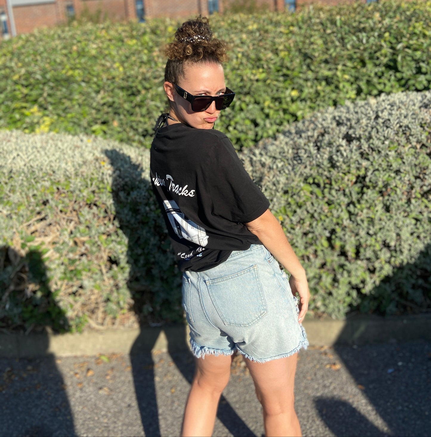 DJ Tiffany Quinn in Hun Sauce - VINYL STORE Black T-Shirt, Trackstack x Hun Sauce