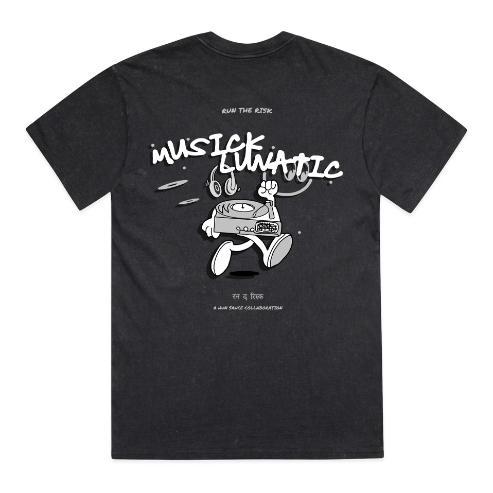 DJ MUSICLUNATIC Exclusive T-Shirt, by Illustrator Hun Sauce. A bold and funky oversized tee, with blended vinyl graphics and nods to her Indian heritage. Music merch for DJs.