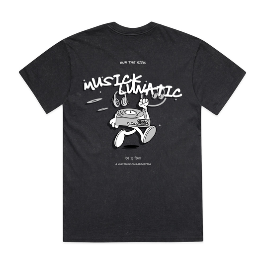 DJ MUSICLUNATIC Exclusive T-Shirt, by Illustrator Hun Sauce. A bold and funky oversized tee, with blended vinyl graphics and nods to her Indian heritage. Music merch for DJs.