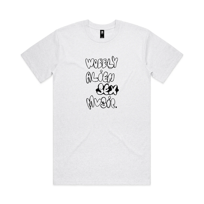 WOBBLY ALIEN SEX MUSIC T-Shirt born after attending Houghton Festival. UK Streetwear for techno and house fans. By Illustrator Hun Sauce in grey