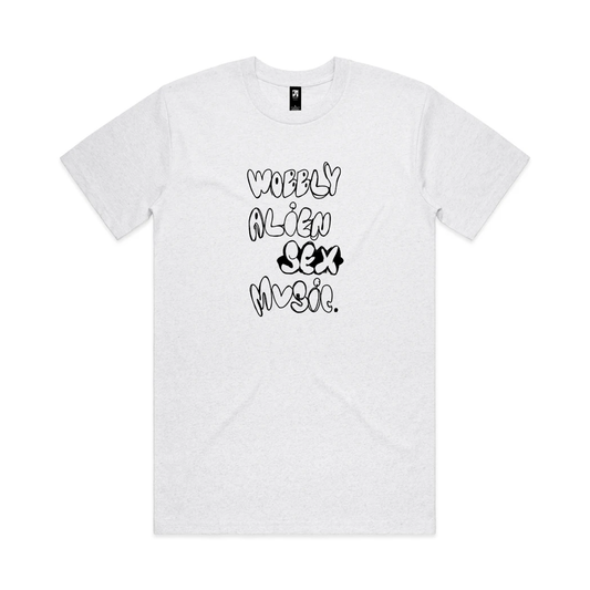 WOBBLY ALIEN SEX MUSIC T-Shirt born after attending Houghton Festival. UK Streetwear for techno and house fans. By Illustrator Hun Sauce in grey