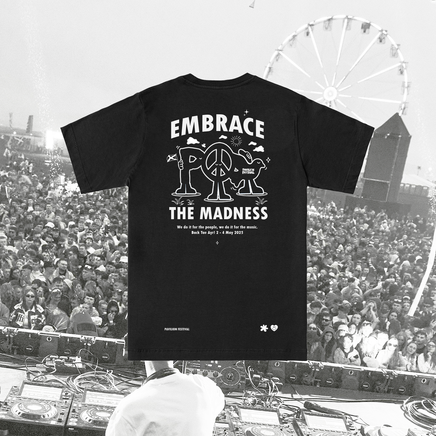 Pavilion Festival Official Merch 2025. By Illustrator Hun Sauce. Music merch designer UK. T-Shirt design. 