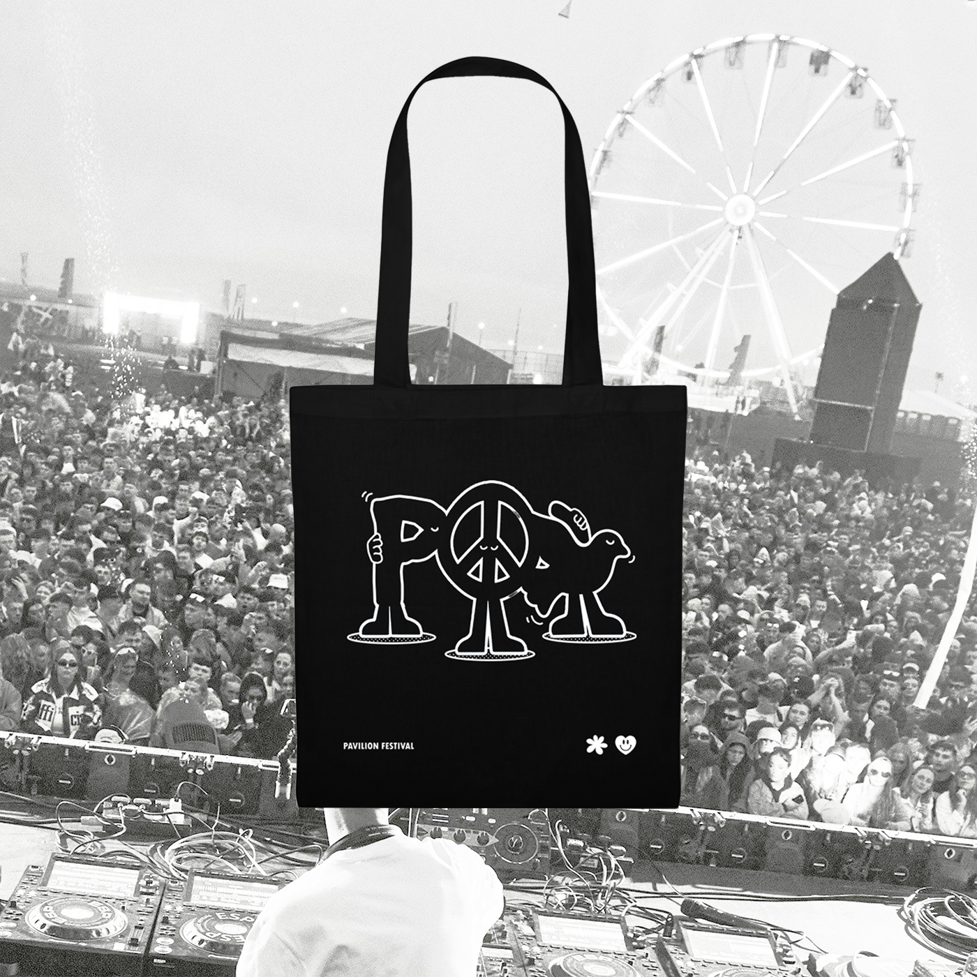 Pavilion Festival Official Merch 2025. By Illustrator Hun Sauce. Music merch designer. UK Tote bag design. 