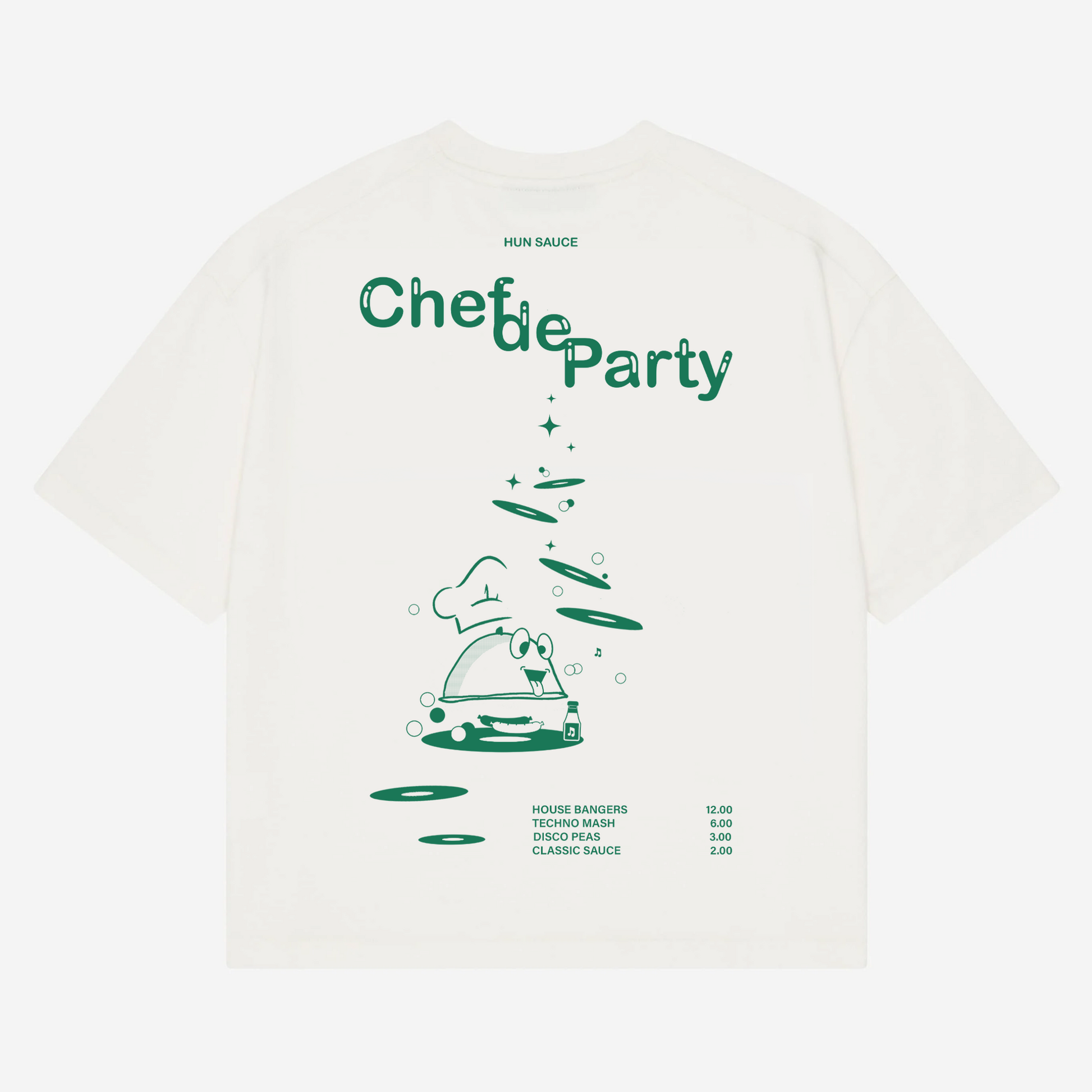 CHEF DE PARTY Heavyweight T-Shirt, Hun Sauce.  a heavyweight white T-shirt featuring fresh green graphics, complete with a vinyl-stacked kitchen scene and rave-ready setlist menu. This one's for DJs, selectors and chefs of course. 