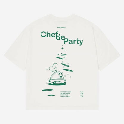 CHEF DE PARTY Heavyweight T-Shirt, Hun Sauce.  a heavyweight white T-shirt featuring fresh green graphics, complete with a vinyl-stacked kitchen scene and rave-ready setlist menu. This one's for DJs, selectors and chefs of course. 