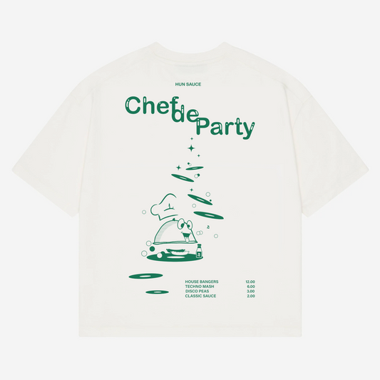 CHEF DE PARTY Heavyweight T-Shirt, Hun Sauce.  a heavyweight white T-shirt featuring fresh green graphics, complete with a vinyl-stacked kitchen scene and rave-ready setlist menu. This one's for DJs, selectors and chefs of course. 