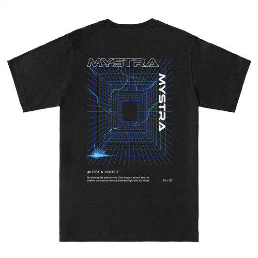 MYSTRA Exclusive T-Shirt, custom merch for a music event, by illustrator Hun Sauce. London music event, music merch.