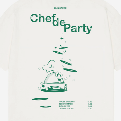 CHEF DE PARTY Heavyweight T-Shirt, Hun Sauce.  a heavyweight white T-shirt featuring fresh green graphics, complete with a vinyl-stacked kitchen scene and rave-ready setlist menu. This one's for DJs, selectors and chefs of course. 