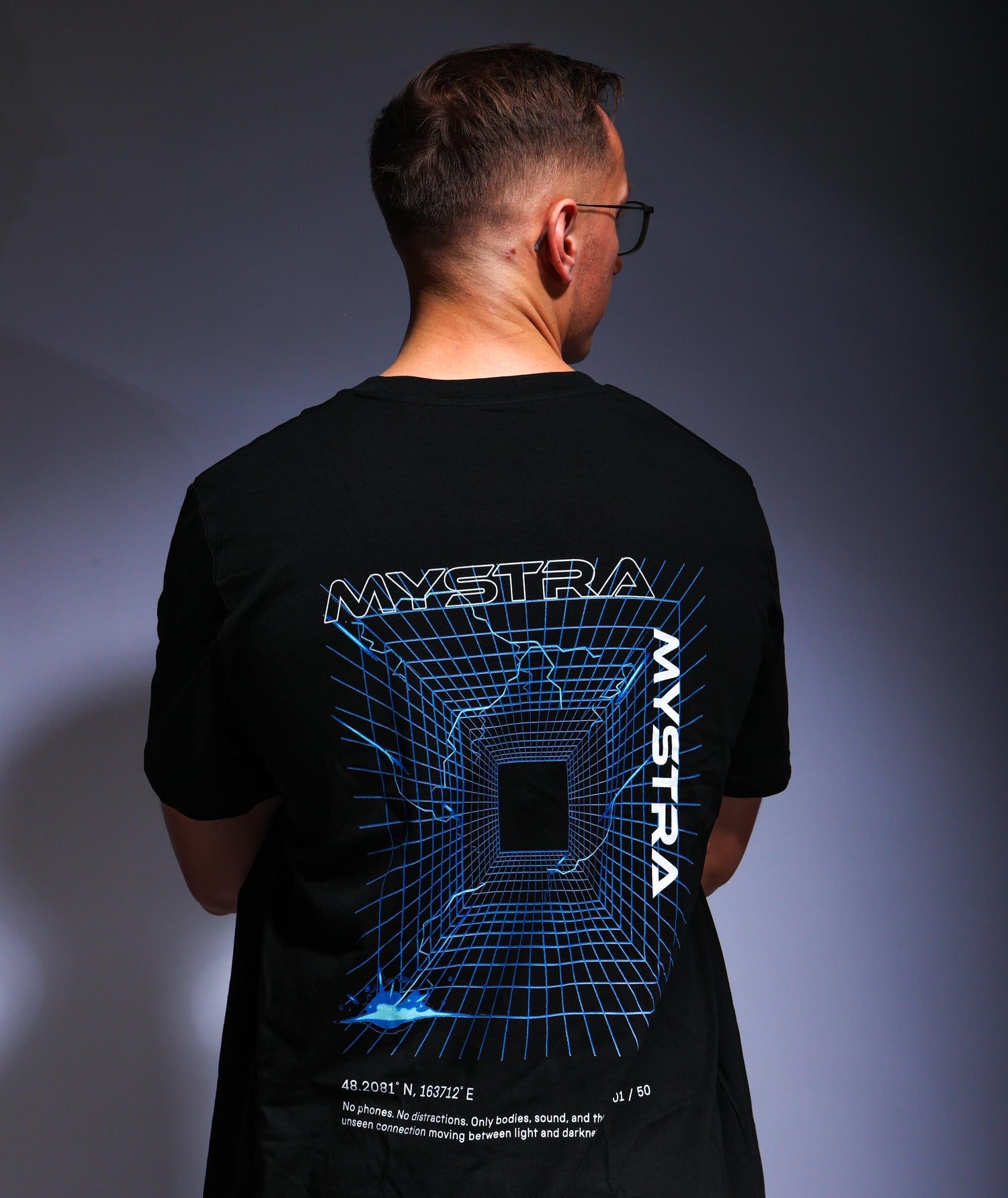 MYSTRA Exclusive T-Shirt, custom merch for a music event, by illustrator Hun Sauce. London music event, music merch.