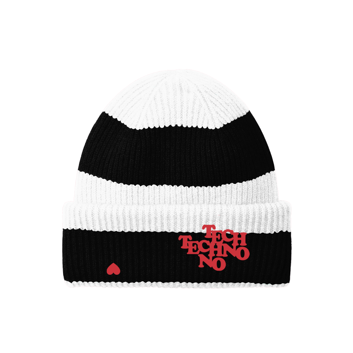 TECHNO HEART Beanie, Rave, Festival Cosy Unisex Hat, by Hun Sauce. Black and white with red stitching.