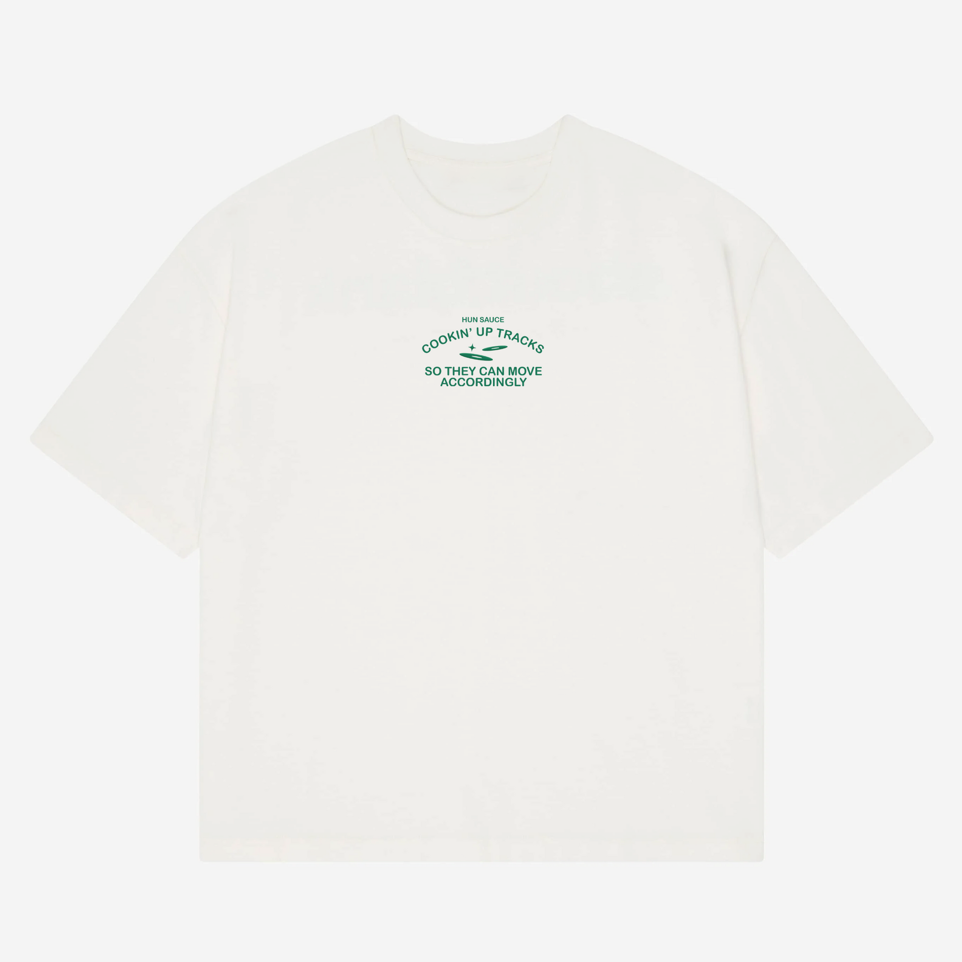 CHEF DE PARTY Heavyweight T-Shirt, Hun Sauce.  a heavyweight white T-shirt featuring fresh green graphics, complete with a vinyl-stacked kitchen scene and rave-ready setlist menu. This one's for DJs, selectors and chefs of course. 