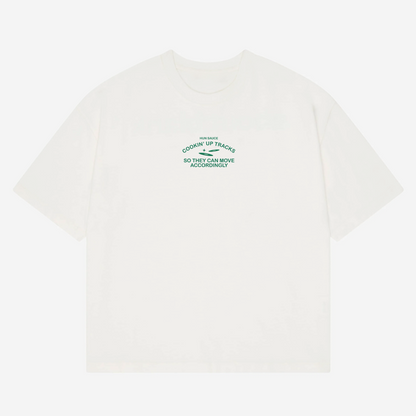 CHEF DE PARTY Heavyweight T-Shirt, Hun Sauce.  a heavyweight white T-shirt featuring fresh green graphics, complete with a vinyl-stacked kitchen scene and rave-ready setlist menu. This one's for DJs, selectors and chefs of course. 
