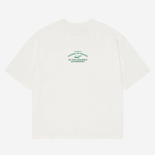 CHEF DE PARTY Heavyweight T-Shirt, Hun Sauce.  a heavyweight white T-shirt featuring fresh green graphics, complete with a vinyl-stacked kitchen scene and rave-ready setlist menu. This one's for DJs, selectors and chefs of course. 