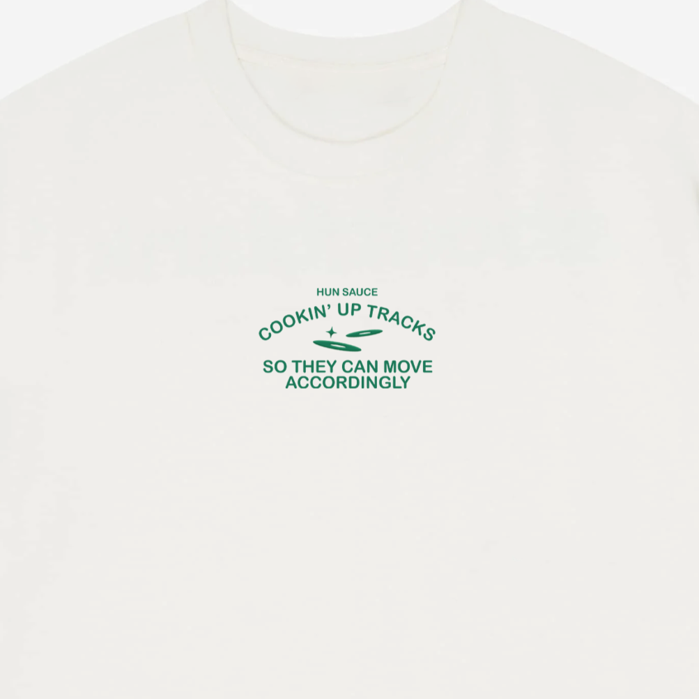 CHEF DE PARTY Heavyweight T-Shirt, Hun Sauce.  a heavyweight white T-shirt featuring fresh green graphics, complete with a vinyl-stacked kitchen scene and rave-ready setlist menu. This one's for DJs, selectors and chefs of course. 