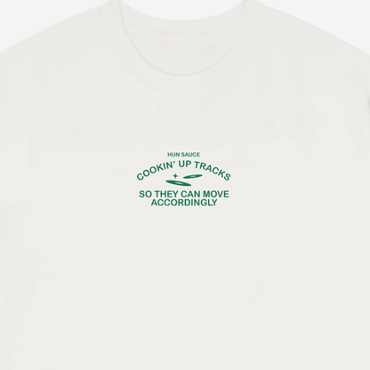 CHEF DE PARTY Heavyweight T-Shirt, Hun Sauce.  a heavyweight white T-shirt featuring fresh green graphics, complete with a vinyl-stacked kitchen scene and rave-ready setlist menu. This one's for DJs, selectors and chefs of course. 