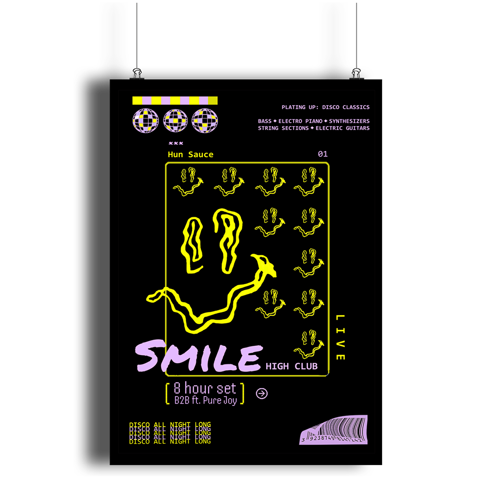 SMILE HIGH CLUB Black Art Print - Hun Sauce - SMILE HIGH CLUB Black Art Print - Hun Sauce - Rave Poster for Home - Dancefloor Inspired Poster in black with neon - Disco, techno, house music - Dj Rave Poster 