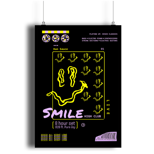 SMILE HIGH CLUB Black Art Print - Hun Sauce - SMILE HIGH CLUB Black Art Print - Hun Sauce - Rave Poster for Home - Dancefloor Inspired Poster in black with neon - Disco, techno, house music - Dj Rave Poster 