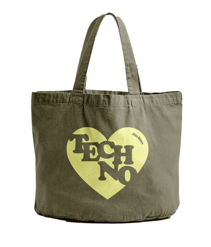 Olive TECHNO HEART Tote Bag, Shopper Tote Bag For Vinyls by Hun Sauce. Streetwear. 100% recycled cotton. Kinder to the planet.