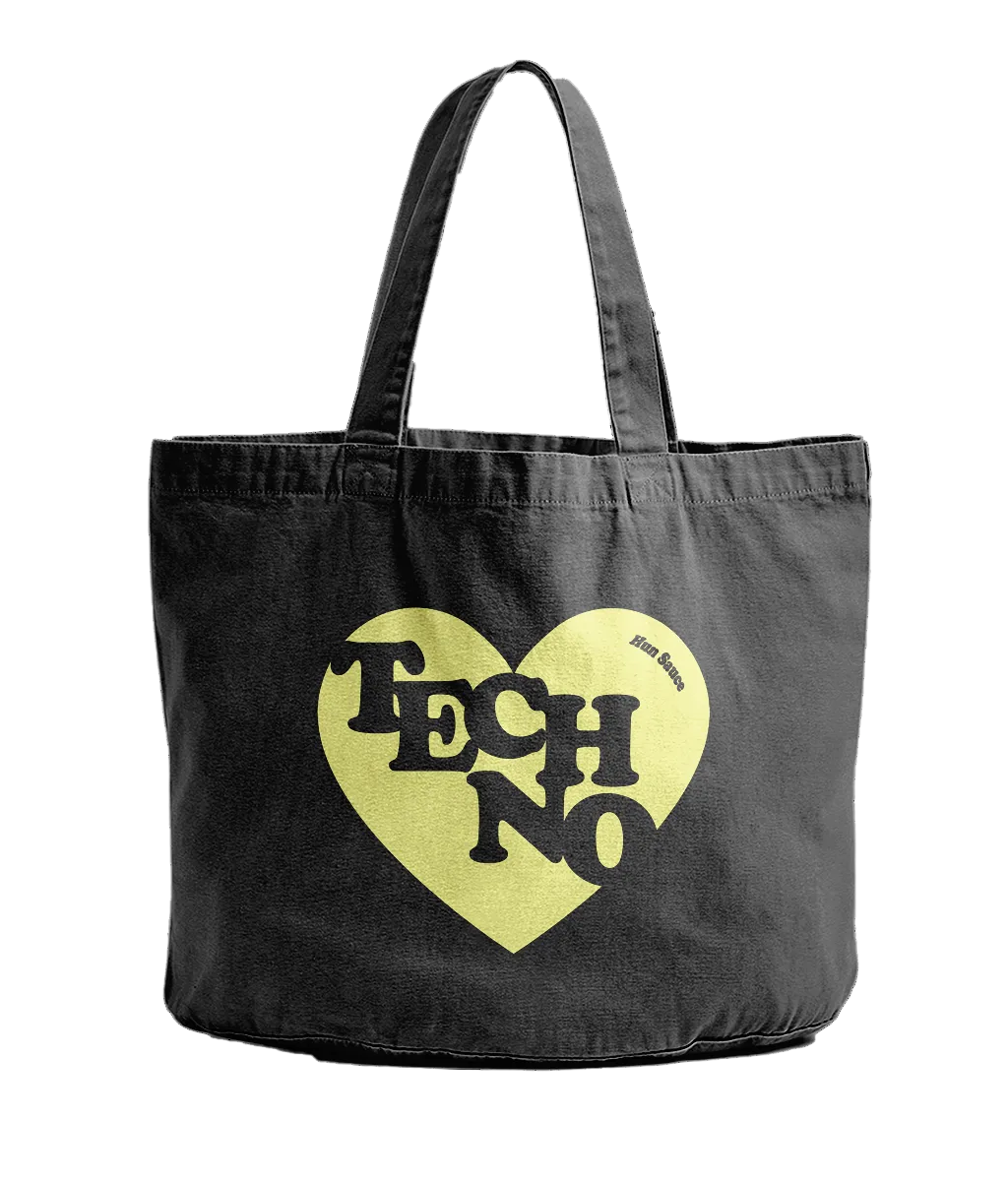 Black TECHNO HEART Tote Bag, Shopper Tote Bag For Vinyls by Hun Sauce. Streetwear. 100% recycled cotton. Kinder to the planet.