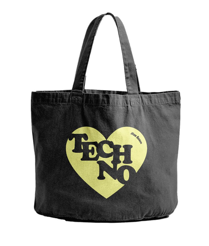 Black TECHNO HEART Tote Bag, Shopper Tote Bag For Vinyls by Hun Sauce. Streetwear. 100% recycled cotton. Kinder to the planet.