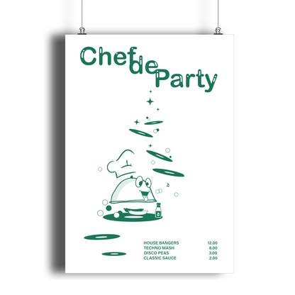 CHEF DE PARTY Poster Art Print By Illustrator Hun Sauce. Featuring fresh green graphics, complete with a vinyl-stacked kitchen scene and rave-ready setlist menu. This one's for DJs, selectors and chefs of course. Home Decor.