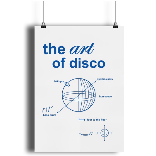 ART OF DISCO Art Print By Hun Sauce. Poster highlighting the anatomy of a disco. Featuring a bold graphic breakdown of the key components that built disco—basslines, bpm and chaos. Designed for the heads who know their four-on-the-floor from their funk section. Portrait poster art print, using 12 colour giclée process.