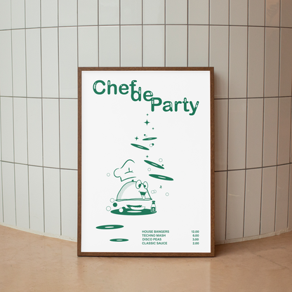CHEF DE PARTY Poster Art Print By Illustrator Hun Sauce. Featuring fresh green graphics, complete with a vinyl-stacked kitchen scene and rave-ready setlist menu. This one's for DJs, selectors and chefs of course. Home Decor.