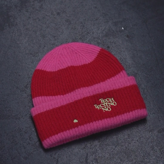 Video of DISCO and TEHCNO HEART Beanie, Rave, Festival Cosy Unisex Hat, by Hun Sauce. With Tote Bag. Now stocked at All My Friends Record Store, Hackney Wick.